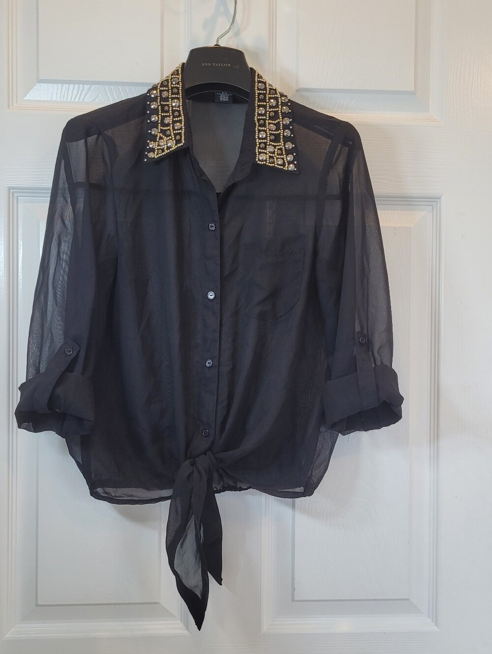 Black Sheer Button Up Front Tie Beaded Jeweled Collar & Rolled Sleeve Size Small